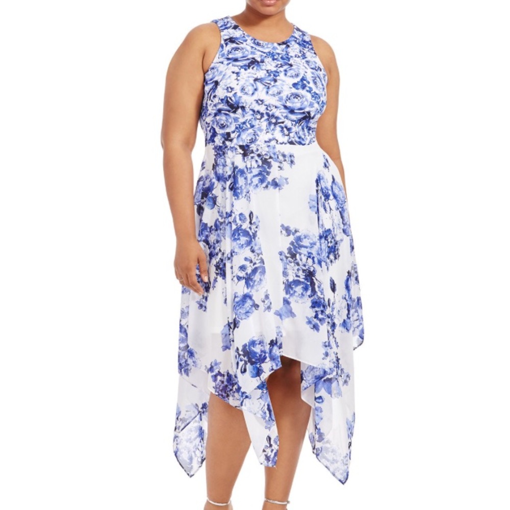 Robbie Bee blue floral handkerchief hem dress New